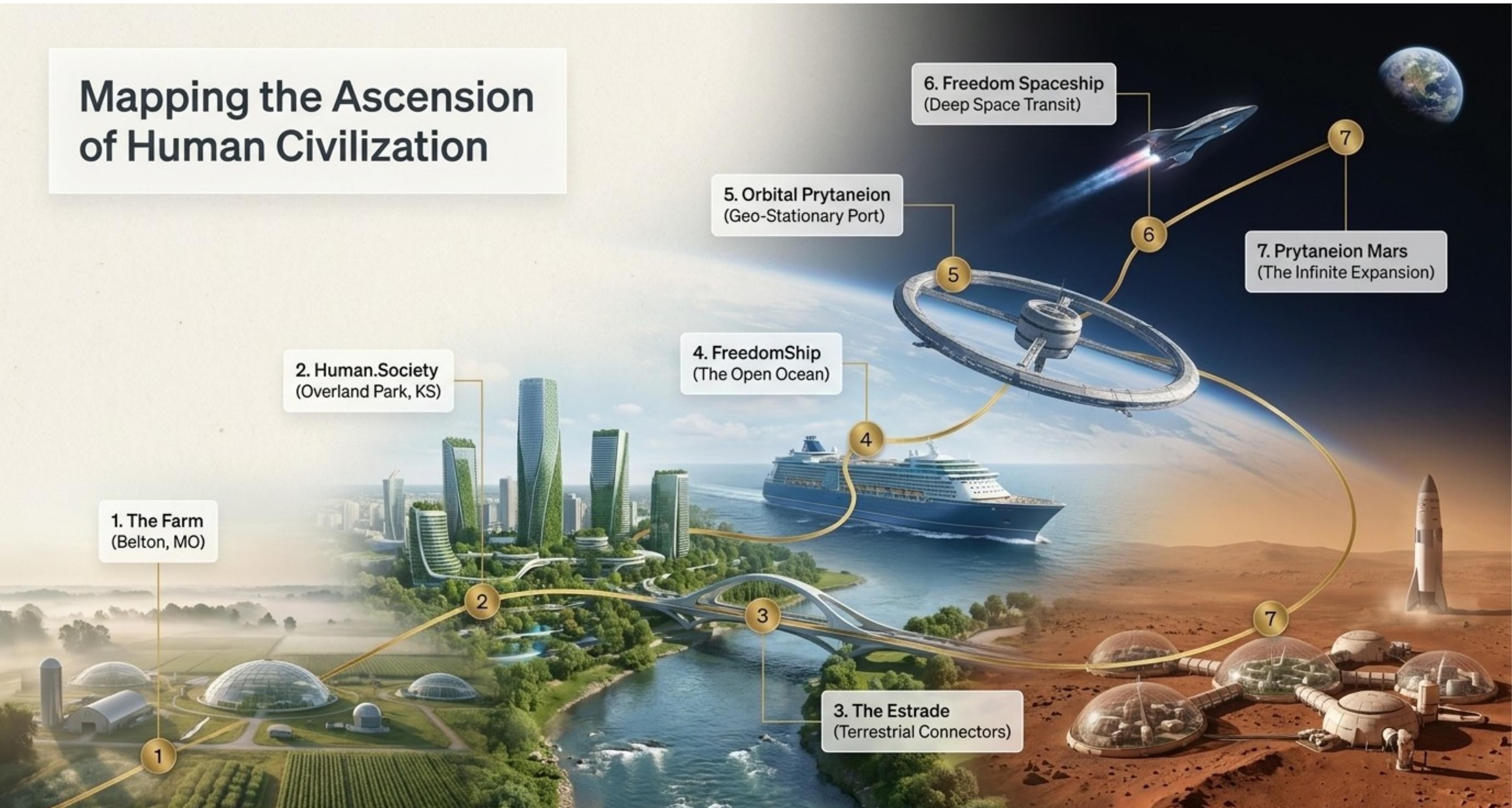 The seven-phase ascension of human civilization, from The Farm in Belton to Prytaneion Mars